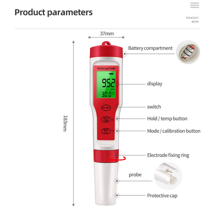 Medidor de temperatura Digital 4 em 1 , PH TDS CE  monitor de qualidade da água, testador para piscinas, aquários de água potável