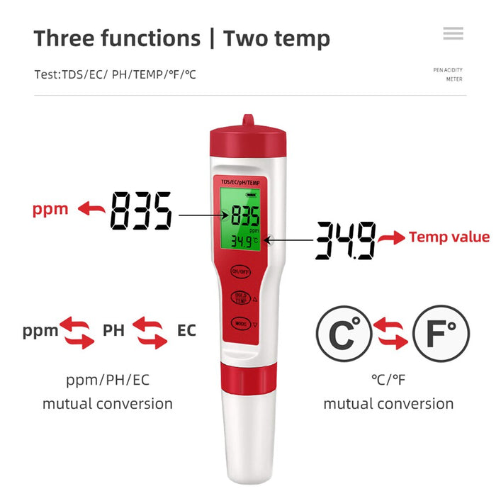 Medidor de temperatura Digital 4 em 1 , PH TDS CE  monitor de qualidade da água, testador para piscinas, aquários de água potável