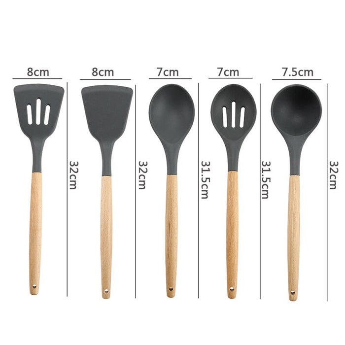 Utensílios de cozinha de silicone, conjunto com 8 peças, sopa, colher, espátula, cabo de madeira.