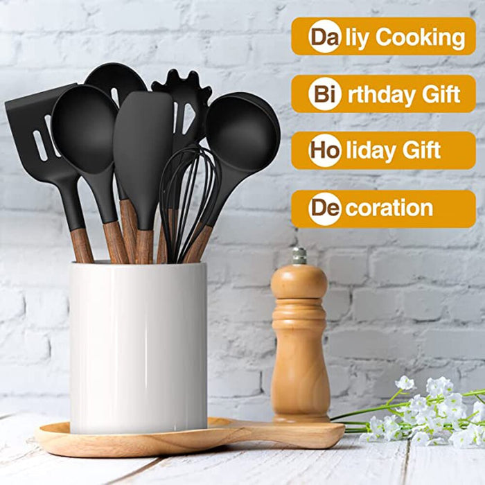 Utensílios de cozinha de silicone, conjunto com 8 peças, sopa, colher, espátula, cabo de madeira.