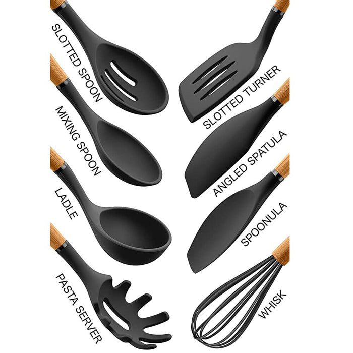 Utensílios de cozinha de silicone, conjunto com 8 peças, sopa, colher, espátula, cabo de madeira.