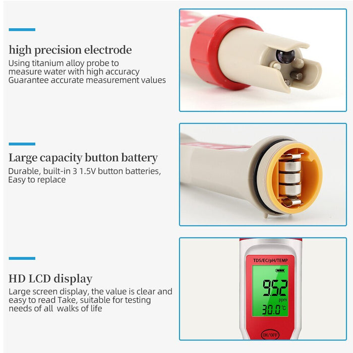 Medidor de temperatura Digital 4 em 1 , PH TDS CE  monitor de qualidade da água, testador para piscinas, aquários de água potável