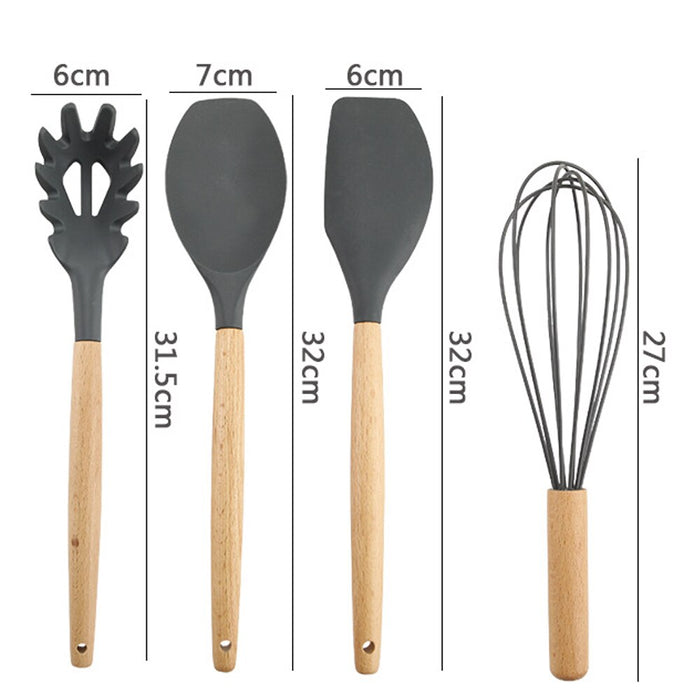 Utensílios de cozinha de silicone, conjunto com 8 peças, sopa, colher, espátula, cabo de madeira.