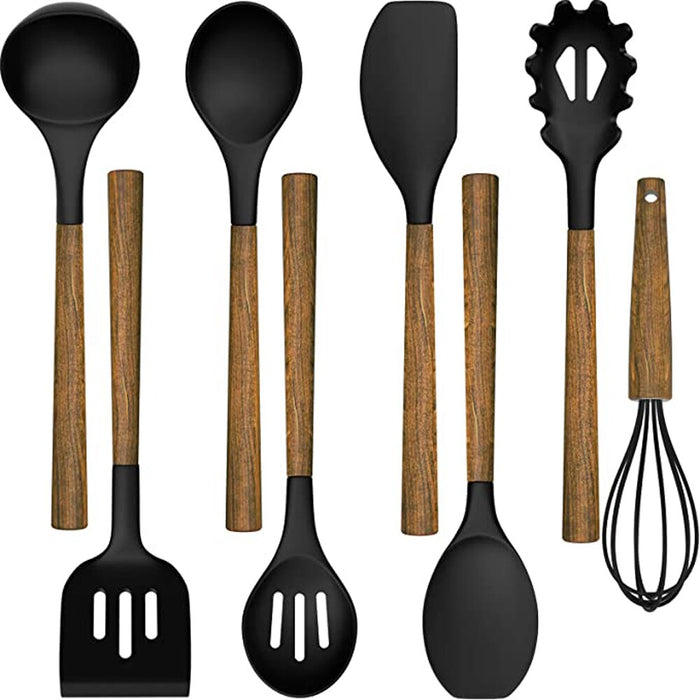 Utensílios de cozinha de silicone, conjunto com 8 peças, sopa, colher, espátula, cabo de madeira.